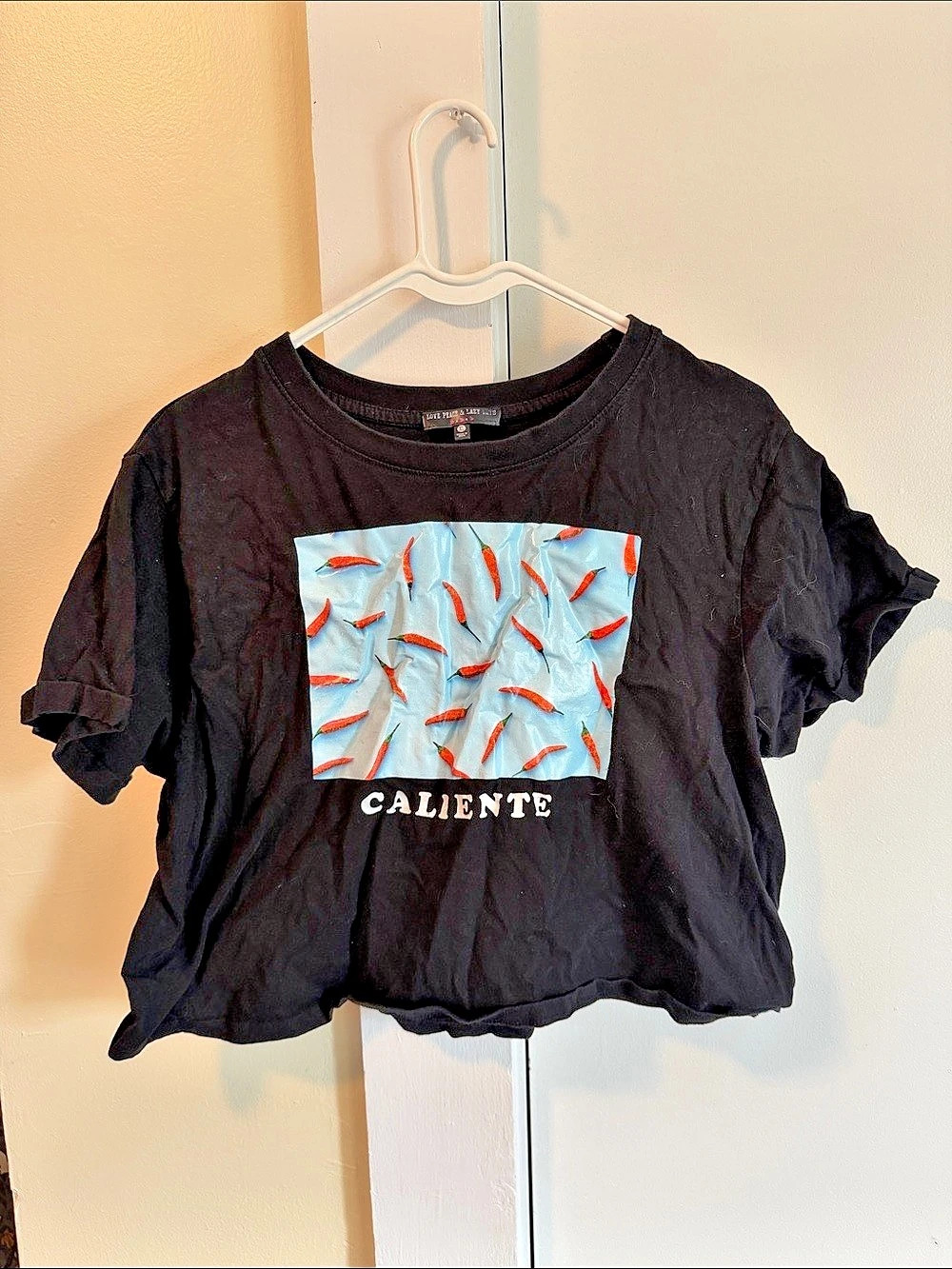 Love Peace & Lazy Days Caliente Hot Pepper Graphic Crop T-Shirt Black & Blue XL